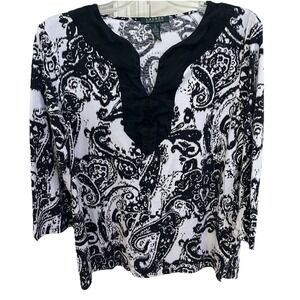 Ralph Lauren Womens Black White Paisley Shirt Size XL Blouse Top 100% Cotton